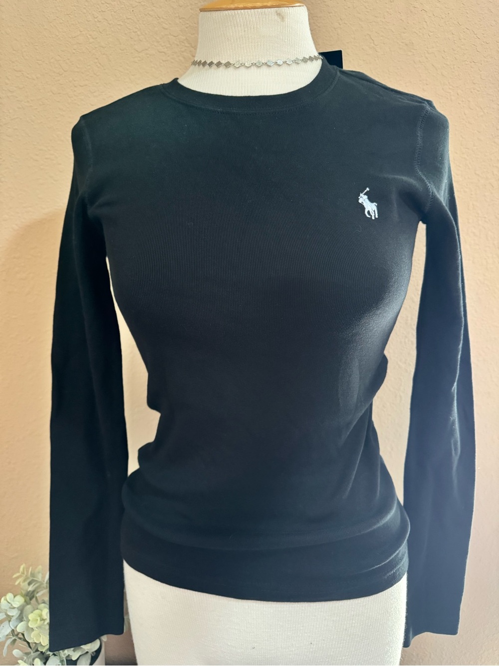 Ralph Lauren Black Long Sleeve Crewneck Top with Baby Blue Polo Pony